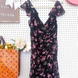 Black Floral Tea Length Dress
